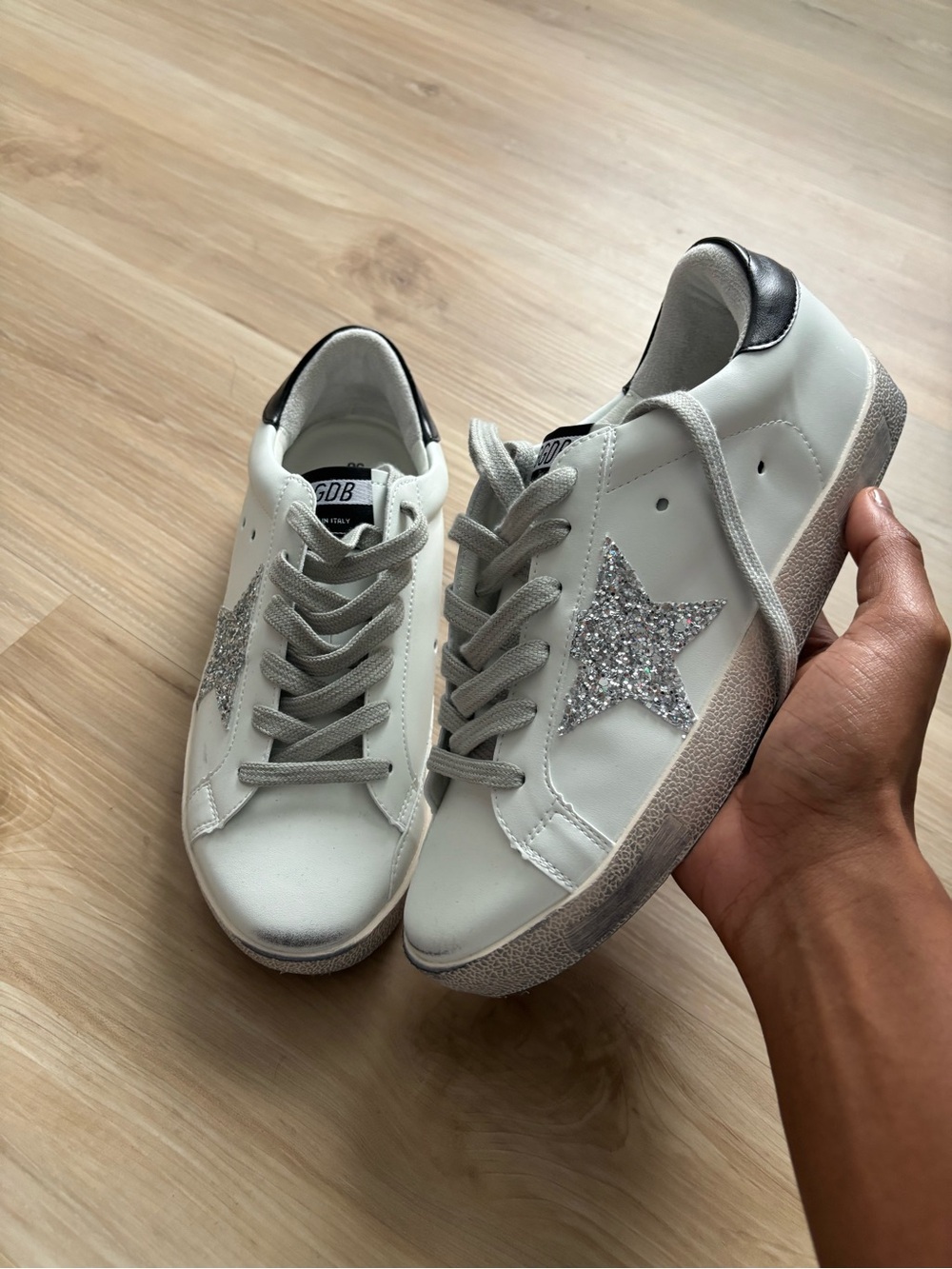 Golden Goose White Sneakers with Silver Glitter Star and Gray Accents